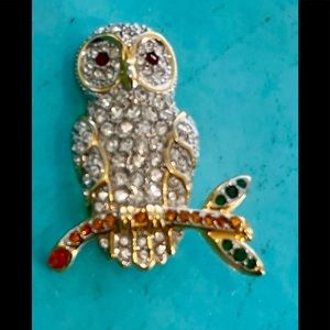 Vintage Crystal and Gold Owl Brooch w Ruby Red Eyes